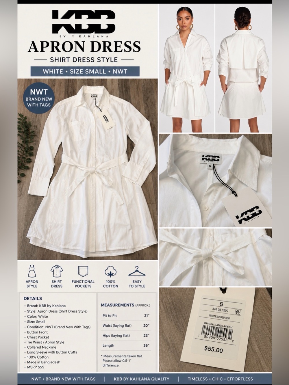 KBB by Kahlana White Apron Shirt Dress – Size Small NWT